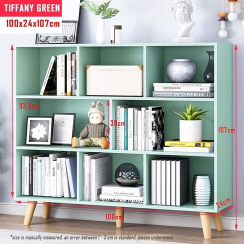 IOTXY Wooden Open Shelf Bookcase - 3-Tier Floor Standing Display Cabinet Rack with Legs, 8 Cubes Bookshelf, Tiffany-Green in Kuwait