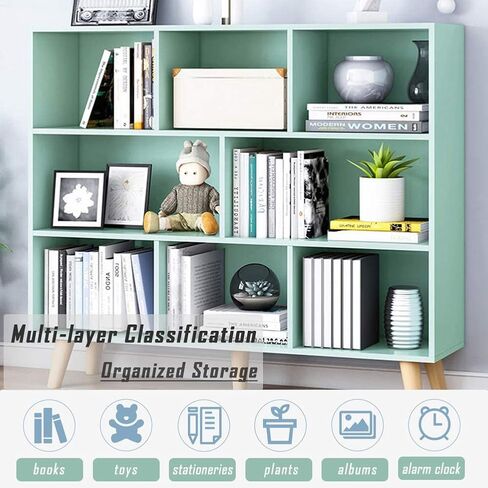 IOTXY Wooden Open Shelf Bookcase - 3-Tier Floor Standing Display Cabinet Rack with Legs, 8 Cubes Bookshelf, Tiffany-Green in Kuwait