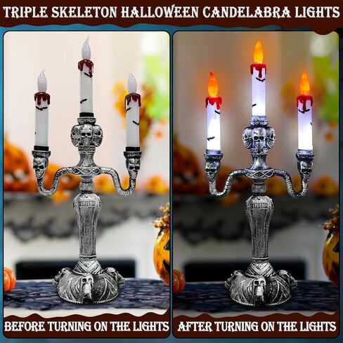 TURNMEON 2 Pack Halloween Candelabra with LED Flameless Candles Holder Battery Operated Flickering Lights Skull Candles for Halloween Decorations Indoor Home Table Party Haunted Mansion Decor (Black) in Saudi Arabia