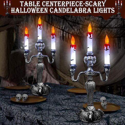 TURNMEON 2 Pack Halloween Candelabra with LED Flameless Candles Holder Battery Operated Flickering Lights Skull Candles for Halloween Decorations Indoor Home Table Party Haunted Mansion Decor (Black) in Saudi Arabia