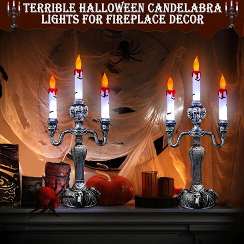 TURNMEON 2 Pack Halloween Candelabra with LED Flameless Candles Holder Battery Operated Flickering Lights Skull Candles for Halloween Decorations Indoor Home Table Party Haunted Mansion Decor (Black) in Saudi Arabia