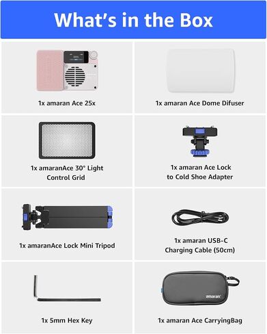 amaran Ace 25x Light Kit Bi-Color Pocket LED Light,Boost Mode to 32W Mini On Camera Video Light,2700K~6500K Support Magnetic Attraction and App Control with Carrying Case,Mini Tripod,Grid (Silver) | Ace 25x Pocket Bi-Color LED Light, Dome Difuser, 30 Degr in Saudi Arabia