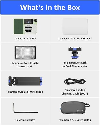 amaran Ace 25x Light Kit Bi-Color Pocket LED Light,Boost Mode to 32W Mini On Camera Video Light,2700K~6500K Support Magnetic Attraction and App Control with Carrying Case,Mini Tripod,Grid (White) in Kuwait