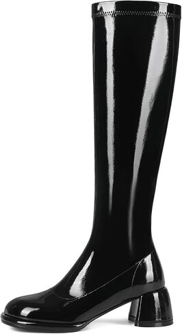 Black Knee-high Boots for Women Round Toe Tall Boots Chunky Heel Long Boots Full Side Zippe Fashion Boots Women’s Gogo Boots in Saudi Arabia