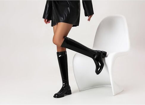 Black Knee-high Boots for Women Round Toe Tall Boots Chunky Heel Long Boots Full Side Zippe Fashion Boots Women’s Gogo Boots in Saudi Arabia