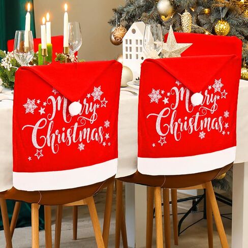 Christmas Chair Covers Set of 4 Santa Hat, Silver Glitter Print, High Resilience Pompon on Top, Size 25"x20", Christmas Decorations Indoor for Dining Room, Christmas Party Decorations in Saudi Arabia