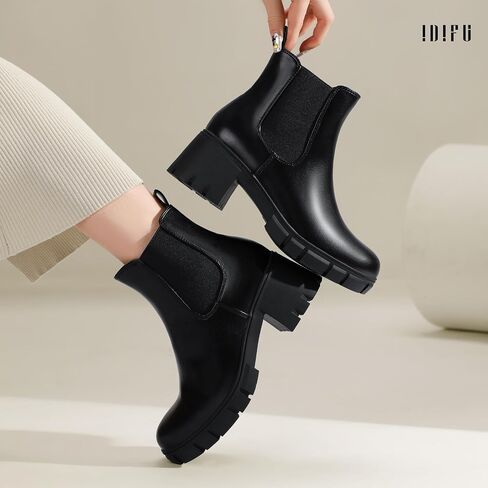 IDIFU IN2 Chelsea Boots Women Ankle Boots for Women Platform Low Chunky Block Heel Lug Sole Round Toe Fall Dress Boots for Women Comfortable Fashion Booties Cute Office Elastic Short Heeled Boots in Saudi Arabia