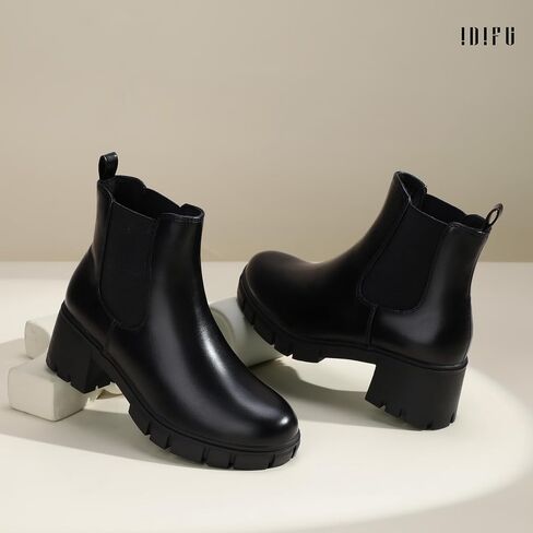 IDIFU IN2 Chelsea Boots Women Ankle Boots for Women Platform Low Chunky Block Heel Lug Sole Round Toe Fall Dress Boots for Women Comfortable Fashion Booties Cute Office Elastic Short Heeled Boots in Saudi Arabia