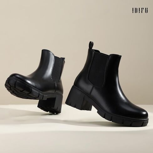 IDIFU IN2 Chelsea Boots Women Ankle Boots for Women Platform Low Chunky Block Heel Lug Sole Round Toe Fall Dress Boots for Women Comfortable Fashion Booties Cute Office Elastic Short Heeled Boots in Saudi Arabia