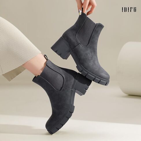 IDIFU IN2 Chelsea Boots Women Ankle Boots for Women Platform Low Chunky Block Heel Lug Sole Round Toe Fall Dress Boots for Women Comfortable Fashion Booties Cute Office Elastic Short Heeled Boots in Saudi Arabia