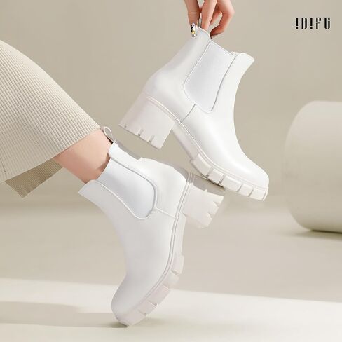 IDIFU IN2 Chelsea Boots Women Ankle Boots for Women Platform Low Chunky Block Heel Lug Sole Round Toe Fall Dress Boots for Women Comfortable Fashion Booties Cute Office Elastic Short Heeled Boots in Kuwait