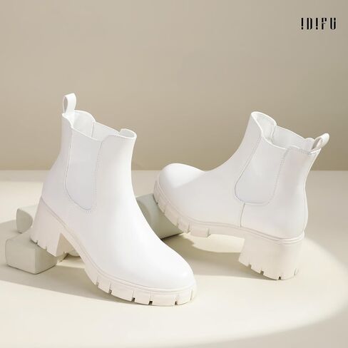 IDIFU IN2 Chelsea Boots Women Ankle Boots for Women Platform Low Chunky Block Heel Lug Sole Round Toe Fall Dress Boots for Women Comfortable Fashion Booties Cute Office Elastic Short Heeled Boots in Kuwait