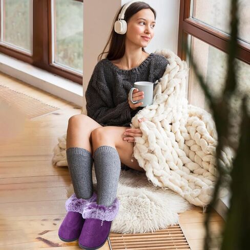 Women's House Platform Slippers Ladies Microsuede Fuzzy Cozy Slippers with Warm Faux Fur Collar & Non-slip Memory Foam Rubber Sole for Indoor Outdoor in Saudi Arabia