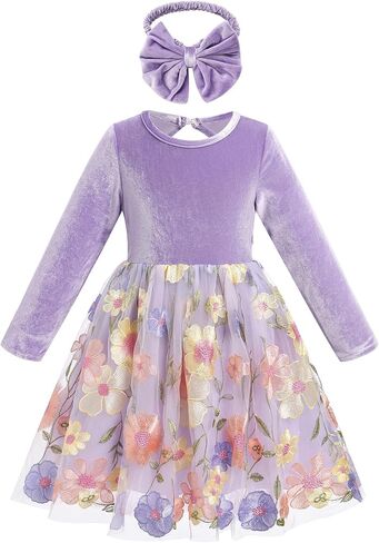 IDOPIP Toddler Baby Girls Embroidery Velvet Tutu Dress with Headband Outfit Long Sleeve Fall Princess Birthday Party Dresses in Saudi Arabia