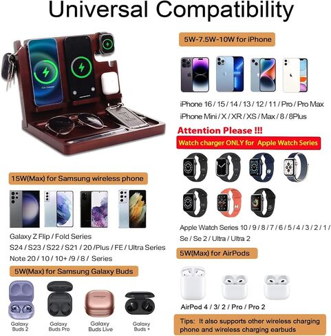 Wood Phone Docking Station Nightstand Organizer for Men 27W 2 Phone Wireless Charging Station with 4 Wireless Charger Stand for iPhone Apple Watch AirPod Mens Birthday Gift Ideas Key Holder in Kuwait