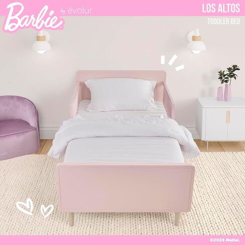 سرير الأطفال الصغار Evolur Barbie Los Altos باللون الوردي الفاتح، معتمد من JPMA، مع حاجزين جانبيين خشبيين للسلامة وتصميم منخفض حتى الأرض in Kuwait
