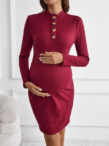 MakeMeChic Women's Maternity Long Sleeve Bodycon Pencil Dress Half Button Knitted Short Dress in Saudi Arabia