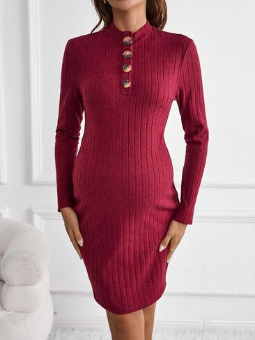 MakeMeChic Women's Maternity Long Sleeve Bodycon Pencil Dress Half Button Knitted Short Dress in Saudi Arabia