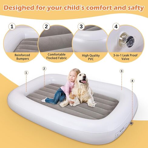 JOSEN Inflatable Toddler Travel Bed, Kids Blow Up Mattress with Electric Air Pump, Portable Travel Toddler Bed with Sides, Toddler Blow up Mattress for Traveling Home Hotel in Saudi Arabia