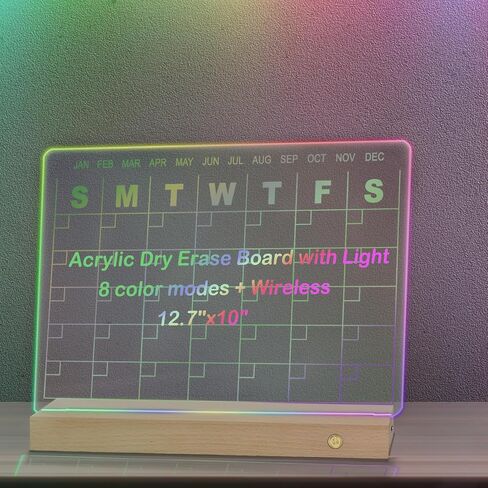 Acrylic Wet Erase Calendar Board with Light -12 x 10" Light up Clear Desktop Calendar with Stand,Glowing Acrylic Message Board with 12 Liquid Chalks for Office School Home Bar (Calendar) in Saudi Arabia