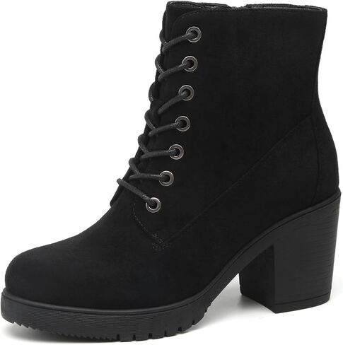 TYNDALL Women's Chunky Heel Ankle Boots Stylish High Heel Lace-Up Side Zipper Booties for Girls Black Women's Boots in Saudi Arabia