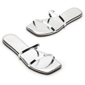 TKEES® Square Toe Gemma Mirror Flat Sandals for Women – Bovine Leather Upper and Midsole – Open Silhouette Chrome 9 B - Medium
