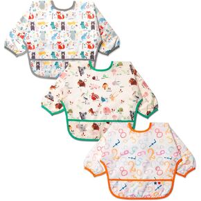 طقم مريلة 3 قطع بأكمام طويلة | مرايل أطفال مقاومة للماء مع حزمة جيب | مريلة للأطفال الصغار بأكمام وجهاز التقاط الفتات in Kuwait