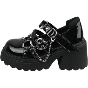 Parisuit Womens Goth Platform Mary Janes Heels Buckle Chain Punk Cosplay Shoes Ankle Strap Chunky Heel Round Toe Pumps