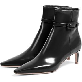 Adrizzlein Kitten Heel Booties for Women Sexy Pointed Toe Ankle Boots Patent Leather Booties Fall Winter Shoes With Zipper