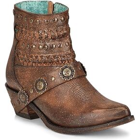 CORRAL Women's Ld Bronze Dashed/Almond Studs & Woven & Straps Ankle Boot Pointed Toe Leather Sole 5 1/2" Shaft Cowhide Leather,Urban Bootie Almond, Size 6.5