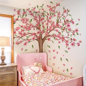 Large Cherry Blossom Tree Wall Decals Pink Flower Tree Wall Stickers for Girls Kids Bedroom Nursery Living Room TV Wall Decor (Tree H: 45 Inch)