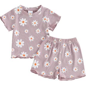 Toddler Baby Girls Summer Clothes Daisy Short Sleeve Lettuce Trim Floral Tops Shorts Set Infant Ribbed Outfits