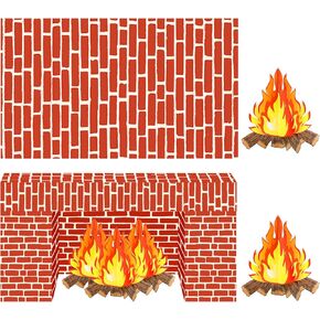 4 Pieces Red Brick Wall Party Backdrop Plastic Red Brick Wall Tablecloth Decorations Artificial Fire Flame Cardboard 3D Campfire Fake Centerpiece for Christmas Halloween Party Background Decorations