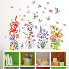 Hummingbirds Wall Decals Peel and Stick Birds Vinyl Wall Stickers Hummingbird Butterfly Colorful Flower Wall Stickers Flower Decals Living Room Bedroom Wall Decorations