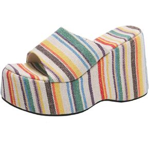 Womens Rainbow Transparent Strappy Platform Wedge Sandals Clear Round Peep Open Toe Slide Summer Beach Crystal Mules Slipper