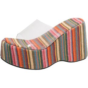 Womens Rainbow Transparent Strappy Platform Wedge Sandals Clear Round Peep Open Toe Slide Summer Beach Crystal Mules Slipper in Kuwait