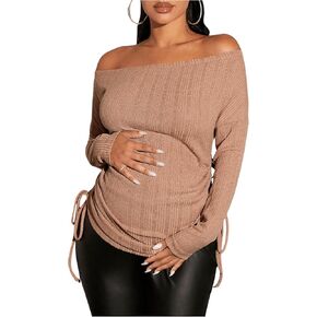 OYOANGLE Women's Maternity Textured Long Sleeve Off The Shoulder Tee Shirt Drawstring Side Long Tee Tops