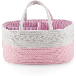 PandaEar Baby Diaper Caddy Organizer Cotton Rope Nursery Storage Basket Portable Car Organizer for Baby Shower Gifts Newborn Infants -Pink
