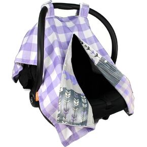 Dear Baby Gear Deluxe Reversible Car Seat Canopy, Custom Minky Print, Adventure Little Lady Faux Quilt Lavender and Lavender Lumberjack Plaid