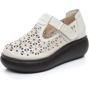 Women's Leather Hollow Platform Rocking Walking Orthopedic Loafers with Adjustable Hook and Loop Comfort Round Toe Breathable Soft Non-Slip Bottom Chunky Wedge Heel Slip-On Casual Sneakers