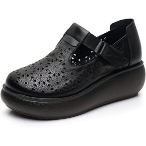 Women's Leather Hollow Platform Rocking Walking Orthopedic Loafers with Adjustable Hook and Loop Comfort Round Toe Breathable Soft Non-Slip Bottom Chunky Wedge Heel Slip-On Casual Sneakers