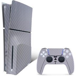 MightySkins Carbon Fiber Skin for PS5 Playstation 5 Slim Disc Edition Bundle - Solid Gray Protective, Durable Textured Carbon Fiber Finish Easy to Apply Made in The USA