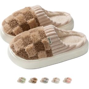 Checkered Slippers for Women Men Indoor Comfy Plaid House Slides Shoes Checkerboard Fuzzy Plush Winter Warm Slippers Slip On Bedroom Slippers Cozy Non-Slip Home Slippers