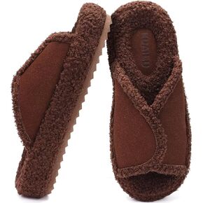 KuaiLu Women Cozy Slippers Comfortable Suede Faux Fluff Warm Sherpa Lining ladies Bedroom Memory Foam Orthotic Open Toe Arch Support Slides Thick Cushioned Sole Indoor&Outdoor Brown Size 6 in Kuwait