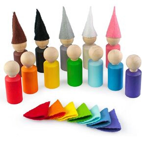 Ulanik Peg Dolls with Hats Toddler Montessori Toys for 3 Year Old + Kids Wooden Waldorf Dolls for Learning Color Sorting and Counting — 12 Gnomes, 2.36 in