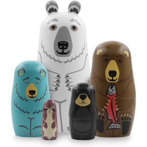 Set of 5 Bear Nesting Dolls Animal Polar Bear Brown Bear Weasel Wooden Russian Doll Matryoshka Dolls for Christmas Birthday Kids Stacking Toy Boy Girl Gift Home School Decoration