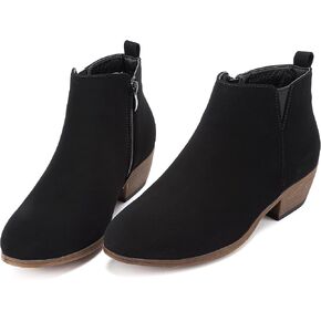 Womens Ankle Booties Low Heels Chunky Comfortable Leather Short Ankle Boots Round Toe With Side Zipper