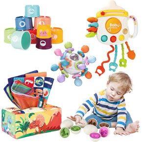 Baby Montessori Sensory Toys for Baby 6 12 18 Months, Dinosaur Matching Eggs, Tissue Box Toy, Pull String, Infant Teething Toys, Stacking Cups Toy Gift for Babies Toddlers