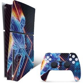 MightySkins Carbon Fiber Skin for PS5 Playstation 5 Slim Disc Edition Bundle - Glow Hockey Protective, Durable Textured Carbon Fiber Finish Easy to Apply Made in The USA