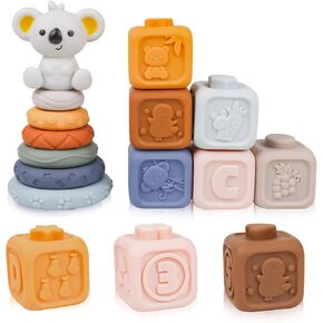 13Pcs Stacking Nesting Toy Set 2-in-1 Baby Blocks with Koala Teething Squeeze Stacker Block, 6 Cube Blocks, 6 Circle Rings - Ideal Gift for Infants 6 Months